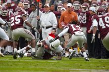 The University of Texas, Austin played Texas A&M in football at Kyle Field, College Station, on November 23, 2007.  UT lost to the Aggies, 30 to 38.

Filename: SRM_20071123_1602283.jpg
Aperture: f/5.6
Shutter Speed: 1/640
Body: Canon EOS-1D Mark II
Lens: Canon EF 300mm f/2.8 L IS