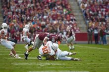 The University of Texas, Austin played Texas A&M in football at Kyle Field, College Station, on November 23, 2007.  UT lost to the Aggies, 30 to 38.

Filename: SRM_20071123_1655205.jpg
Aperture: f/2.8
Shutter Speed: 1/1250
Body: Canon EOS-1D Mark II
Lens: Canon EF 300mm f/2.8 L IS