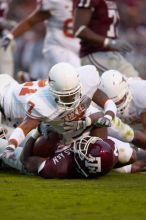 The University of Texas, Austin played Texas A&M in football at Kyle Field, College Station, on November 23, 2007.  UT lost to the Aggies, 30 to 38.

Filename: SRM_20071123_1800087.jpg
Aperture: f/2.8
Shutter Speed: 1/640
Body: Canon EOS-1D Mark II
Lens: Canon EF 300mm f/2.8 L IS