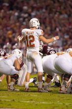 The University of Texas, Austin played Texas A&M in football at Kyle Field, College Station, on November 23, 2007.  UT lost to the Aggies, 30 to 38.

Filename: SRM_20071123_1833440.jpg
Aperture: f/2.8
Shutter Speed: 1/500
Body: Canon EOS-1D Mark II
Lens: Canon EF 300mm f/2.8 L IS