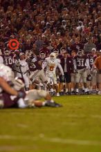 The University of Texas, Austin played Texas A&M in football at Kyle Field, College Station, on November 23, 2007.  UT lost to the Aggies, 30 to 38.

Filename: SRM_20071123_1909542.jpg
Aperture: f/2.8
Shutter Speed: 1/500
Body: Canon EOS-1D Mark II
Lens: Canon EF 300mm f/2.8 L IS