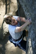 Me top roping Lick the Window (5.10c), shot by Javier Morales from the top of Ack! (5.11b, but using the crack for the start instead) that I top roped up with my camera on my back.  It was another long day of rock climbing at Seismic Wall on Austin's Barton Creek Greenbelt, Sunday, April 5, 2009.

Filename: SRM_20090405_17202689.jpg
Aperture: f/3.5
Shutter Speed: 1/400
Body: Canon EOS-1D Mark II
Lens: Canon EF 80-200mm f/2.8 L