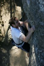 Me top roping Lick the Window (5.10c), shot by Javier Morales from the top of Ack! (5.11b, but using the crack for the start instead) that I top roped up with my camera on my back.  It was another long day of rock climbing at Seismic Wall on Austin's Barton Creek Greenbelt, Sunday, April 5, 2009.

Filename: SRM_20090405_17202995.jpg
Aperture: f/4.0
Shutter Speed: 1/400
Body: Canon EOS-1D Mark II
Lens: Canon EF 80-200mm f/2.8 L