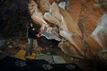 Bouldering in Hueco Tanks on 01/19/2020 with Blue Lizard Climbing and Yoga

Filename: SRM_20200119_1123270.jpg
Aperture: f/7.1
Shutter Speed: 1/250
Body: Canon EOS-1D Mark II
Lens: Canon EF 16-35mm f/2.8 L