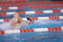 UT sophomore Ricky Berens won the 200 yard freestyle with a time of 1:37.56.  The University of Texas Longhorns defeated The University of Georgia Bulldogs 157-135 on Saturday, January 12, 2008.

Filename: SRM_20080112_1118208.jpg
Aperture: f/2.8
Shutter Speed: 1/400
Body: Canon EOS-1D Mark II
Lens: Canon EF 300mm f/2.8 L IS