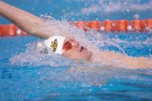 Georgia's Mark Dylla took third in the 200 yard backstroke with a time of 1:50.96.  The University of Texas Longhorns defeated The University of Georgia Bulldogs 157-135 on Saturday, January 12, 2008.

Filename: SRM_20080112_1159248.jpg
Aperture: f/2.8
Shutter Speed: 1/400
Body: Canon EOS-1D Mark II
Lens: Canon EF 300mm f/2.8 L IS