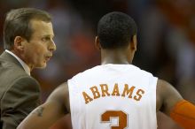 UT head coach Rick Barnes talks to UT junior A.J. Abrams (#3, G) on the sideline.  The University of Texas (UT) Longhorns defeated the University of Kansas Jayhawks 72-69 in Austin, Texas on Monday, February 11, 2008.

Filename: SRM_20080211_2034126.jpg
Aperture: f/2.8
Shutter Speed: 1/640
Body: Canon EOS 20D
Lens: Canon EF 300mm f/2.8 L IS