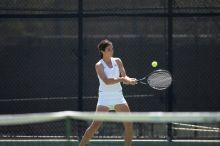 Fourth singles UT freshman Maggie Mello lost to CSUS junior Karina Jarlkaganova 6-7 (2), 4-6.  The University of Texas defeated Sacramento State on Saturday, March 22, 2008.
Filename: SRM_20080322_1245447.jpg
Aperture: f/2.8
Shutter Speed: 1/2000
Body: Canon EOS-1D Mark II
Lens: Canon EF 300mm f/2.8 L IS