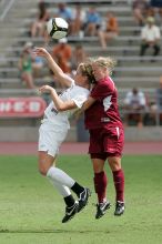 UT freshman Kylie Doniak (#15, Midfielder) fights for the header in the second half.  The University of Texas women's soccer team won 2-1 against the Iowa State Cyclones Sunday afternoon, October 5, 2008.

Filename: SRM_20081005_13091426.jpg
Aperture: f/5.6
Shutter Speed: 1/1600
Body: Canon EOS-1D Mark II
Lens: Canon EF 300mm f/2.8 L IS