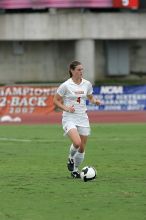 UT senior Jill Gilbeau (#4, Defender and Midfielder) dribbles the ball in the second half.  The University of Texas women's soccer team won 2-1 against the Iowa State Cyclones Sunday afternoon, October 5, 2008.

Filename: SRM_20081005_13145801.jpg
Aperture: f/5.6
Shutter Speed: 1/1250
Body: Canon EOS-1D Mark II
Lens: Canon EF 300mm f/2.8 L IS