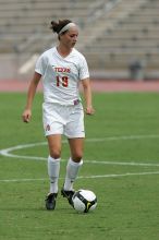 UT sophomore Erica Campanelli (#19, Defender) in the second half.  The University of Texas women's soccer team won 2-1 against the Iowa State Cyclones Sunday afternoon, October 5, 2008.

Filename: SRM_20081005_13233840.jpg
Aperture: f/5.6
Shutter Speed: 1/2000
Body: Canon EOS-1D Mark II
Lens: Canon EF 300mm f/2.8 L IS