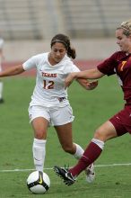 UT sophomore Alisha Ortiz (#12, Forward) in the second half.  The University of Texas women's soccer team won 2-1 against the Iowa State Cyclones Sunday afternoon, October 5, 2008.

Filename: SRM_20081005_13262634.jpg
Aperture: f/5.6
Shutter Speed: 1/1600
Body: Canon EOS-1D Mark II
Lens: Canon EF 300mm f/2.8 L IS