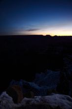 First sunrise of the new year at the south rim of the Grand Canyon, Thursday January 1, 2009.  The temperature was as low as 15 F the night before with a foot and a half of snow on the ground.  Luckily sunrise wasn't until 7:40.

Filename: SRM_20090101_07132490.JPG
Aperture: f/11.0
Shutter Speed: 6/1
Body: Canon EOS-1D Mark II
Lens: Canon EF 16-35mm f/2.8 L