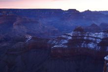 First sunrise of the new year at the south rim of the Grand Canyon, Thursday January 1, 2009.  The temperature was as low as 15 F the night before with a foot and a half of snow on the ground.  Luckily sunrise wasn't until 7:40.

Filename: SRM_20090101_07240895.JPG
Aperture: f/11.0
Shutter Speed: 4/1
Body: Canon EOS-1D Mark II
Lens: Canon EF 16-35mm f/2.8 L