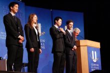 Former President Bill Clinton hands out commitment certificates to CGIU attendees for their exceptional pledges to the CGI cause during the opening plenary session of the CGIU meeting.  Day one of the 2nd Annual Clinton Global Initiative University (CGIU) meeting was held at The University of Texas at Austin, Friday, February 13, 2009.

Filename: SRM_20090213_16434295.jpg
Aperture: f/4.0
Shutter Speed: 1/100
Body: Canon EOS-1D Mark II
Lens: Canon EF 80-200mm f/2.8 L