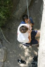 Me top roping Lick the Window (5.10c), shot (by Andrew Dreher) from the top of Ack! (5.11b, but using the crack for the start instead) that I top roped up with my camera on my back.  It was another long day of rock climbing at Seismic Wall on Austin's Barton Creek Greenbelt, Sunday, April 5, 2009.

Filename: SRM_20090405_14433175.jpg
Aperture: f/5.0
Shutter Speed: 1/500
Body: Canon EOS-1D Mark II
Lens: Canon EF 80-200mm f/2.8 L