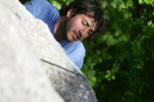 Javier Morales top rope climbing She's No Dog, She's My Wife (5.11b), shot from the top of Ack! (5.11b, but using the crack for the start instead) that I top roped up with my camera on my back. It was another long day of rock climbing at Seismic Wall on Austin's Barton Creek Greenbelt, Sunday, April 5, 2009.
Filename: SRM_20090405_16472634.jpg
Aperture: f/4.5
Shutter Speed: 1/500
Body: Canon EOS-1D Mark II
Lens: Canon EF 80-200mm f/2.8 L