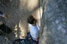 Me top roping Lick the Window (5.10c), shot by Javier Morales from the top of Ack! (5.11b, but using the crack for the start instead) that I top roped up with my camera on my back.  It was another long day of rock climbing at Seismic Wall on Austin's Barton Creek Greenbelt, Sunday, April 5, 2009.
Filename: SRM_20090405_17173693.jpg
Aperture: f/3.2
Shutter Speed: 1/400
Body: Canon EOS-1D Mark II
Lens: Canon EF 80-200mm f/2.8 L