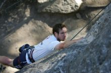 Me top roping Lick the Window (5.10c), shot by Javier Morales from the top of Ack! (5.11b, but using the crack for the start instead) that I top roped up with my camera on my back.  It was another long day of rock climbing at Seismic Wall on Austin's Barton Creek Greenbelt, Sunday, April 5, 2009.
Filename: SRM_20090405_17181503.jpg
Aperture: f/3.2
Shutter Speed: 1/400
Body: Canon EOS-1D Mark II
Lens: Canon EF 80-200mm f/2.8 L