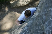 Me top roping Lick the Window (5.10c), shot by Javier Morales from the top of Ack! (5.11b, but using the crack for the start instead) that I top roped up with my camera on my back.  It was another long day of rock climbing at Seismic Wall on Austin's Barton Creek Greenbelt, Sunday, April 5, 2009.

Filename: SRM_20090405_17183635.jpg
Aperture: f/3.2
Shutter Speed: 1/400
Body: Canon EOS-1D Mark II
Lens: Canon EF 80-200mm f/2.8 L