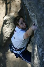 Me top roping Lick the Window (5.10c), shot by Javier Morales from the top of Ack! (5.11b, but using the crack for the start instead) that I top roped up with my camera on my back.  It was another long day of rock climbing at Seismic Wall on Austin's Barton Creek Greenbelt, Sunday, April 5, 2009.

Filename: SRM_20090405_17202378.jpg
Aperture: f/4.0
Shutter Speed: 1/400
Body: Canon EOS-1D Mark II
Lens: Canon EF 80-200mm f/2.8 L