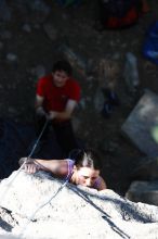 Beth Marek top rope climbing Roo Dog (5.8) with Andrew Dreher belaying, taken from the anchors of the route.  It was Beth's third time outside, and another long day of rock climbing at Seismic Wall on Austin's Barton Creek Greenbelt, Monday, May 25, 2009.

Filename: SRM_20090525_09415094.JPG
Aperture: f/4.0
Shutter Speed: 1/640
Body: Canon EOS-1D Mark II
Lens: Canon EF 80-200mm f/2.8 L