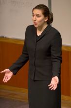 Jill Collum practicing her informative speech on massive hurricane prevention, using a tropical-storm generator.  The University of Texas' Speech Team will compete in the American Forensic Associationâs National Individual Events Tournament (AFA NIET) in Gainesville, Florida, March 30 through April 4.

Filename: SRM_20060325_130202_0.jpg
Aperture: f/3.2
Shutter Speed: 1/100
Body: Canon EOS 20D
Lens: Canon EF 80-200mm f/2.8 L