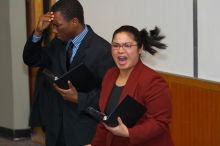 Donald Collier and Sally Rivero rehearse their Duo Interpretation of "Architecture of Loss," by Julia Cho. The University of Texas' Speech Team will compete in the American Forensic Association’s National Individual Events Tournament (AFA NIET) in Gainesv
Filename: SRM_20060325_140720_9.jpg
Aperture: f/3.5
Shutter Speed: 1/160
Body: Canon EOS 20D
Lens: Canon EF 80-200mm f/2.8 L