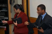 Donald Collier and Sally Rivero rehearse their Duo Interpretation of "Architecture of Loss," by Julia Cho. The University of Texas' Speech Team will compete in the American Forensic Association’s National Individual Events Tournament (AFA NIET) in Gainesv
Filename: SRM_20060325_140014_8.jpg
Aperture: f/3.5
Shutter Speed: 1/160
Body: Canon EOS 20D
Lens: Canon EF 80-200mm f/2.8 L