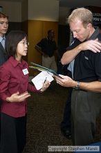 Fong Ting speaks with a recruiter at the career fair.

Filename: crw_0765_std.jpg
Aperture: f/5.0
Shutter Speed: 1/60
Body: Canon EOS DIGITAL REBEL
Lens: Canon EF-S 18-55mm f/3.5-5.6