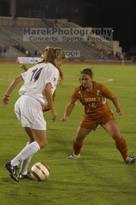 Leslie Imber, #15.  The lady longhorns beat Texas A&M 1-0 in soccer Friday night.

Filename: SRM_20061027_1922266.jpg
Aperture: f/4.0
Shutter Speed: 1/400
Body: Canon EOS 20D
Lens: Canon EF 80-200mm f/2.8 L