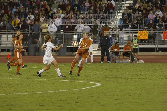 The lady longhorns beat Texas A&M 1-0 in soccer Friday night.

Filename: SRM_20061027_2033067.jpg
Aperture: f/4.0
Shutter Speed: 1/800
Body: Canon EOS 20D
Lens: Canon EF 80-200mm f/2.8 L