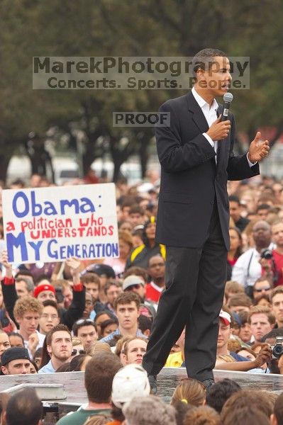 Obama speaking to a crowd of over 20,000 supporters at The Barack Obama "Kick-Ass" Rally--the Obama for president, 2008, rally, held in Austin, Friday, February 23, 2007.

Filename: SRM_20070223_1534241.jpg
Aperture: f/4.0
Shutter Speed: 1/250
Body: Canon EOS 20D
Lens: Canon EF 80-200mm f/2.8 L