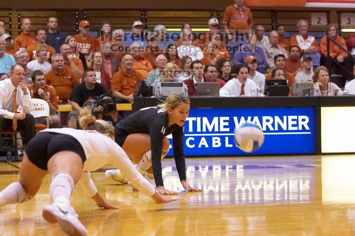 Both UT sophomore Heather Kisner (#19, DS) and UT senior Alyson Jennings (#16, L) miss the dig.  The Longhorns defeated the Huskers 3-0 on Wednesday night, October 24, 2007 at Gregory Gym.

Filename: SRM_20071024_1843309.jpg
Aperture: f/4.0
Shutter Speed: 1/400
Body: Canon EOS-1D Mark II
Lens: Canon EF 80-200mm f/2.8 L