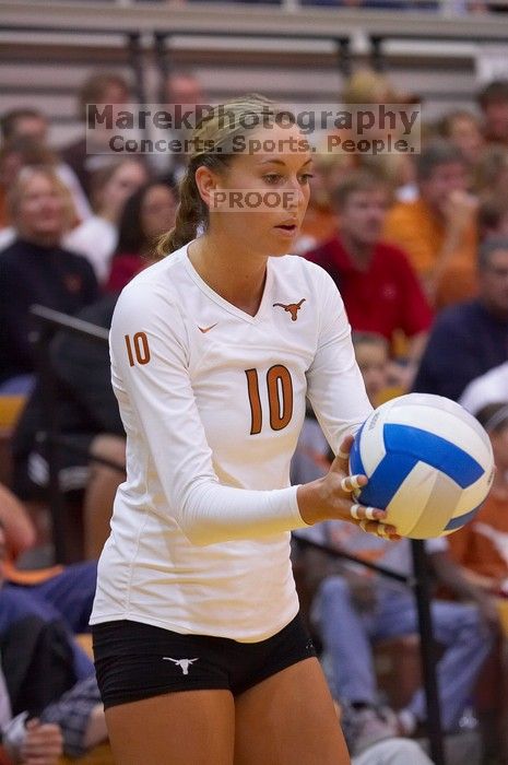 UT sophomore Ashley Engle (#10, S/RS) holds the ball, ready to serve.  The Longhorns defeated the Huskers 3-0 on Wednesday night, October 24, 2007 at Gregory Gym.

Filename: SRM_20071024_1956467.jpg
Aperture: f/4.0
Shutter Speed: 1/400
Body: Canon EOS-1D Mark II
Lens: Canon EF 80-200mm f/2.8 L