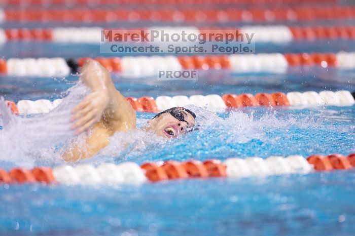 UT sophomore Ricky Berens won the 200 yard freestyle with a time of 1:37.56.  The University of Texas Longhorns defeated The University of Georgia Bulldogs 157-135 on Saturday, January 12, 2008.

Filename: SRM_20080112_1118445.jpg
Aperture: f/2.8
Shutter Speed: 1/400
Body: Canon EOS-1D Mark II
Lens: Canon EF 300mm f/2.8 L IS