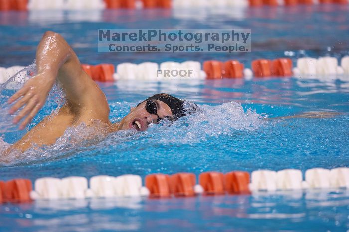 UT sophomore Ricky Berens took first  in the 500 yard freestyle with a time of 4:27.92.  The University of Texas Longhorns defeated The University of Georgia Bulldogs 157-135 on Saturday, January 12, 2008.

Filename: SRM_20080112_1205220.jpg
Aperture: f/2.8
Shutter Speed: 1/400
Body: Canon EOS-1D Mark II
Lens: Canon EF 300mm f/2.8 L IS