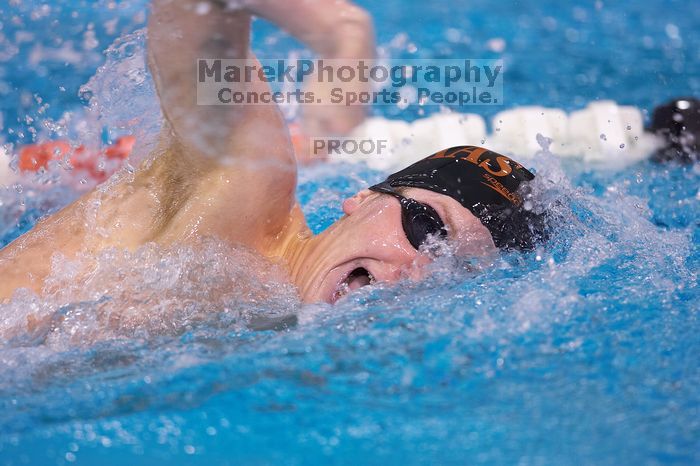 UT freshman Jim Robertson took fourth in the 500 yard freestyle with a time of 4:38.93.  The University of Texas Longhorns defeated The University of Georgia Bulldogs 157-135 on Saturday, January 12, 2008.

Filename: SRM_20080112_1205500.jpg
Aperture: f/2.8
Shutter Speed: 1/400
Body: Canon EOS-1D Mark II
Lens: Canon EF 300mm f/2.8 L IS