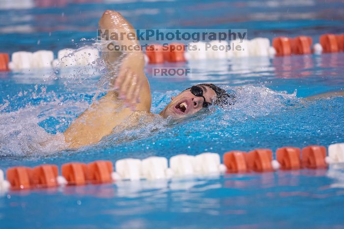 UT sophomore Ricky Berens took first  in the 500 yard freestyle with a time of 4:27.92.  The University of Texas Longhorns defeated The University of Georgia Bulldogs 157-135 on Saturday, January 12, 2008.

Filename: SRM_20080112_1206106.jpg
Aperture: f/2.8
Shutter Speed: 1/400
Body: Canon EOS-1D Mark II
Lens: Canon EF 300mm f/2.8 L IS