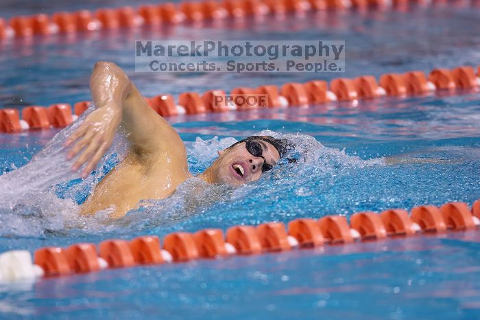 UT sophomore Ricky Berens took first  in the 500 yard freestyle with a time of 4:27.92.  The University of Texas Longhorns defeated The University of Georgia Bulldogs 157-135 on Saturday, January 12, 2008.

Filename: SRM_20080112_1206149.jpg
Aperture: f/2.8
Shutter Speed: 1/400
Body: Canon EOS-1D Mark II
Lens: Canon EF 300mm f/2.8 L IS