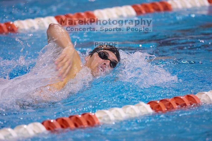 UT sophomore Ricky Berens took first  in the 500 yard freestyle with a time of 4:27.92.  The University of Texas Longhorns defeated The University of Georgia Bulldogs 157-135 on Saturday, January 12, 2008.

Filename: SRM_20080112_1207428.jpg
Aperture: f/2.8
Shutter Speed: 1/400
Body: Canon EOS-1D Mark II
Lens: Canon EF 300mm f/2.8 L IS