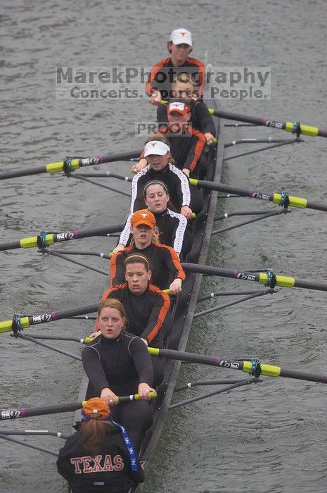 The Longhorns first varsity eight of coxswain Mary Cait McPherson, stroke Luise Fleischhauer, Callie Mattrisch, Jen Vander Maarel, Kellie Lunday, Jelena Zunic, Emilie Sallee, Alex Janss and Nancy Arrington placed first with a time of 28:09.00.  The women's rowing team competed in the 2008 Fighting Nutria on Saturday, February 16, 2008.

Filename: SRM_20080216_0826508.jpg
Aperture: f/4.0
Shutter Speed: 1/800
Body: Canon EOS-1D Mark II
Lens: Canon EF 300mm f/2.8 L IS