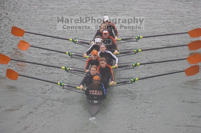 The Longhorns first varsity eight of coxswain Mary Cait McPherson, stroke Luise Fleischhauer, Callie Mattrisch, Jen Vander Maarel, Kellie Lunday, Jelena Zunic, Emilie Sallee, Alex Janss and Nancy Arrington placed first with a time of 28:09.00.  The women's rowing team competed in the 2008 Fighting Nutria on Saturday, February 16, 2008.

Filename: SRM_20080216_0827085.jpg
Aperture: f/4.0
Shutter Speed: 1/800
Body: Canon EOS-1D Mark II
Lens: Canon EF 300mm f/2.8 L IS