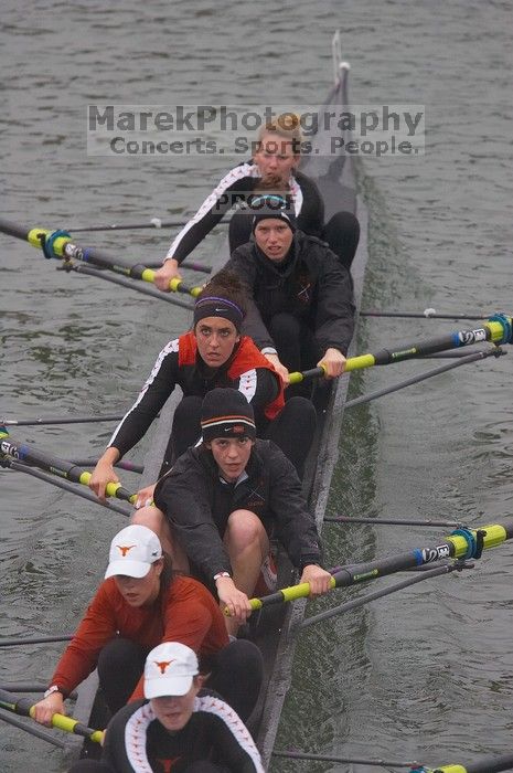 Texas' second varsity eight boat placed second with a time of 29:07.0.  The women's rowing team competed in the 2008 Fighting Nutria on Saturday, February 16, 2008.

Filename: SRM_20080216_0828020.jpg
Aperture: f/4.0
Shutter Speed: 1/800
Body: Canon EOS-1D Mark II
Lens: Canon EF 300mm f/2.8 L IS