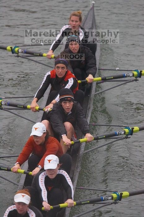 Texas' second varsity eight boat placed second with a time of 29:07.0.  The women's rowing team competed in the 2008 Fighting Nutria on Saturday, February 16, 2008.

Filename: SRM_20080216_0828042.jpg
Aperture: f/4.0
Shutter Speed: 1/800
Body: Canon EOS-1D Mark II
Lens: Canon EF 300mm f/2.8 L IS