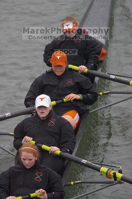 The Longhorns lone varsity four boat comprised of Laura Perkins, Lindsay Foster, Whitney McMahon and Elizabeth Meserve finished the race in 33:39.0.  The women's rowing team competed in the 2008 Fighting Nutria on Saturday, February 16, 2008.

Filename: SRM_20080216_0832547.jpg
Aperture: f/4.0
Shutter Speed: 1/800
Body: Canon EOS-1D Mark II
Lens: Canon EF 300mm f/2.8 L IS