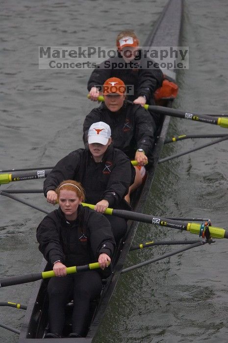 The Longhorns lone varsity four boat comprised of Laura Perkins, Lindsay Foster, Whitney McMahon and Elizabeth Meserve finished the race in 33:39.0.  The women's rowing team competed in the 2008 Fighting Nutria on Saturday, February 16, 2008.

Filename: SRM_20080216_0833023.jpg
Aperture: f/4.0
Shutter Speed: 1/800
Body: Canon EOS-1D Mark II
Lens: Canon EF 300mm f/2.8 L IS