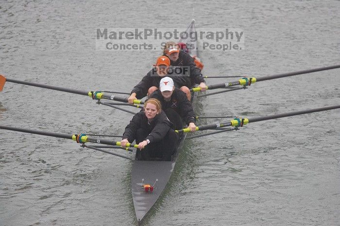 The Longhorns lone varsity four boat comprised of Laura Perkins, Lindsay Foster, Whitney McMahon and Elizabeth Meserve finished the race in 33:39.0.  The women's rowing team competed in the 2008 Fighting Nutria on Saturday, February 16, 2008.

Filename: SRM_20080216_0833144.jpg
Aperture: f/4.0
Shutter Speed: 1/800
Body: Canon EOS-1D Mark II
Lens: Canon EF 300mm f/2.8 L IS