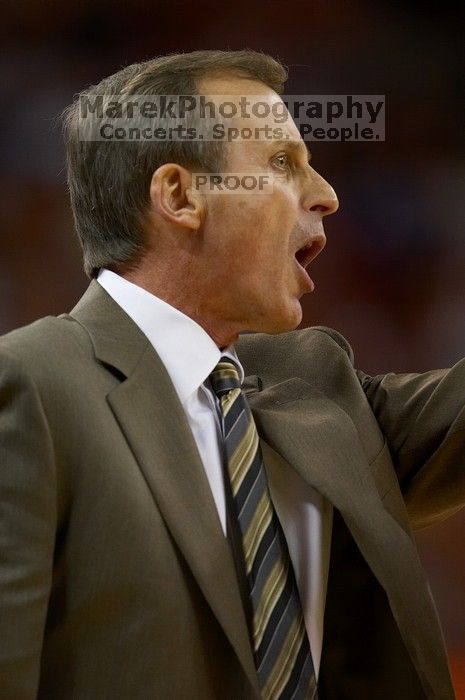 UT head coach Rick Barnes.  The University of Texas (UT) Longhorns defeated the University of Kansas Jayhawks 72-69 in Austin, Texas on Monday, February 11, 2008.

Filename: SRM_20080211_2016009.jpg
Aperture: f/2.8
Shutter Speed: 1/640
Body: Canon EOS 20D
Lens: Canon EF 300mm f/2.8 L IS