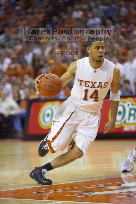 UT junior A.J. Abrams (#3, G) playing defense against a Kansas player.  The University of Texas (UT) Longhorns defeated the University of Kansas Jayhawks 72-69 in Austin, Texas on Monday, February 11, 2008.

Filename: SRM_20080211_2133303.jpg
Aperture: f/2.8
Shutter Speed: 1/640
Body: Canon EOS-1D Mark II
Lens: Canon EF 80-200mm f/2.8 L